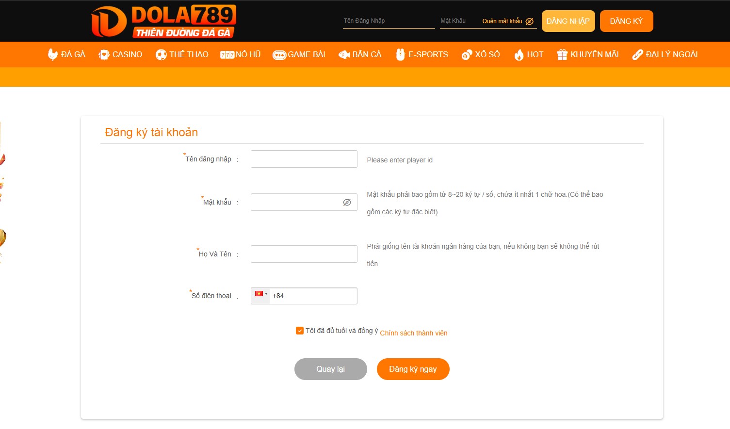 Đăng nhập Dola789 - Link chính thức, an toàn tuyệt đối 2 Nhập tài khoản và mật khẩu để đăng nhập